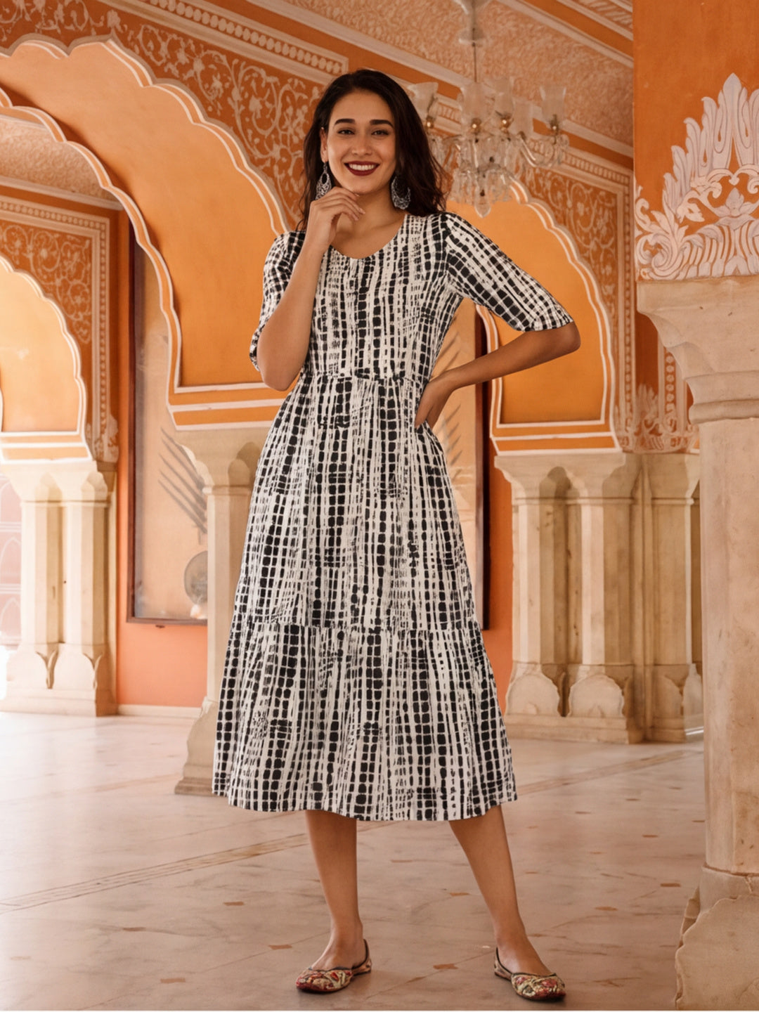 Textured Dyed A-Line Tiered Ethnic Dress