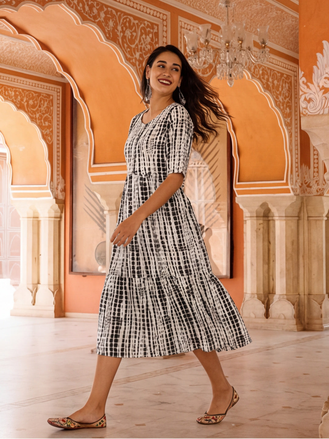 Textured Dyed A-Line Tiered Ethnic Dress