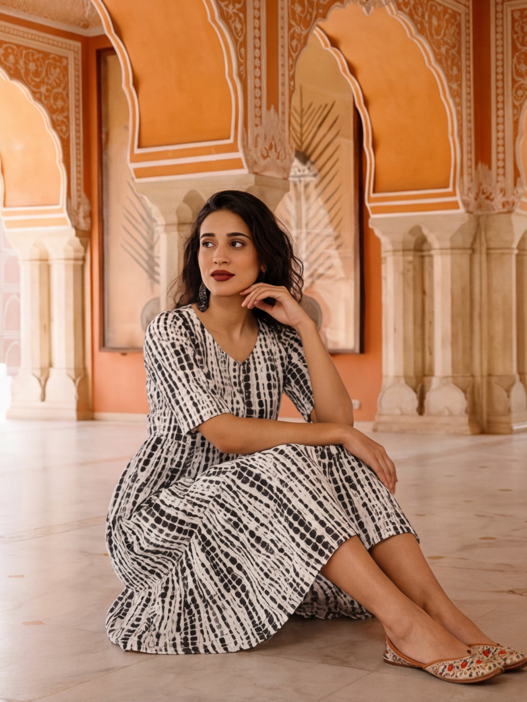 Textured Dyed A-Line Tiered Ethnic Dress
