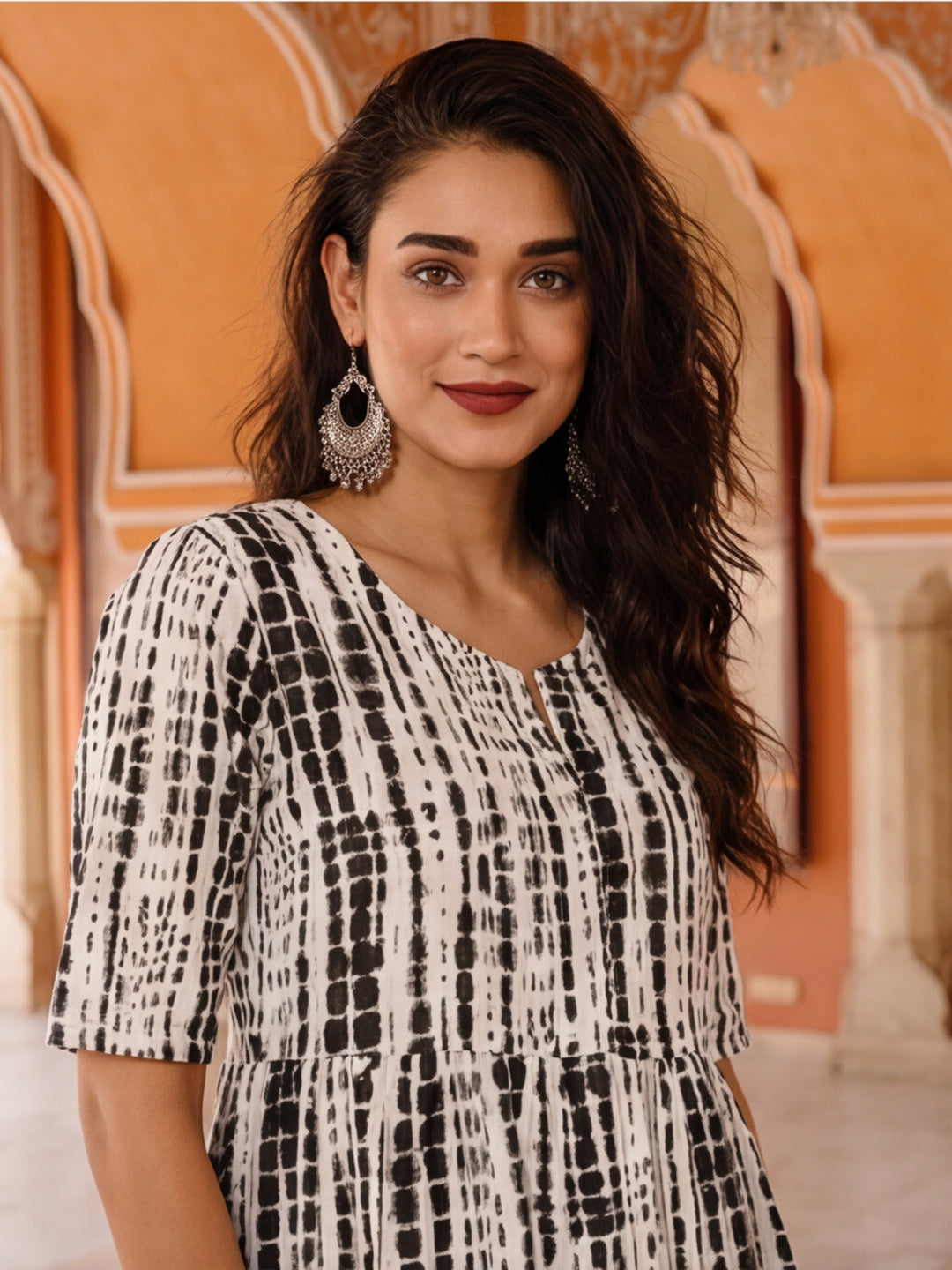Textured Dyed A-Line Tiered Ethnic Dress