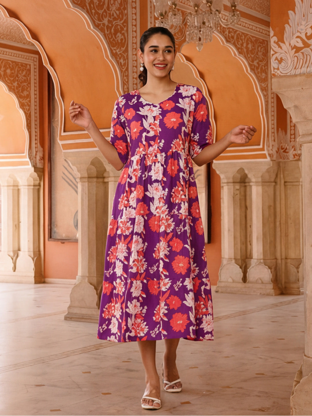 Floral Printed A-Line Tiered Ethnic Dress