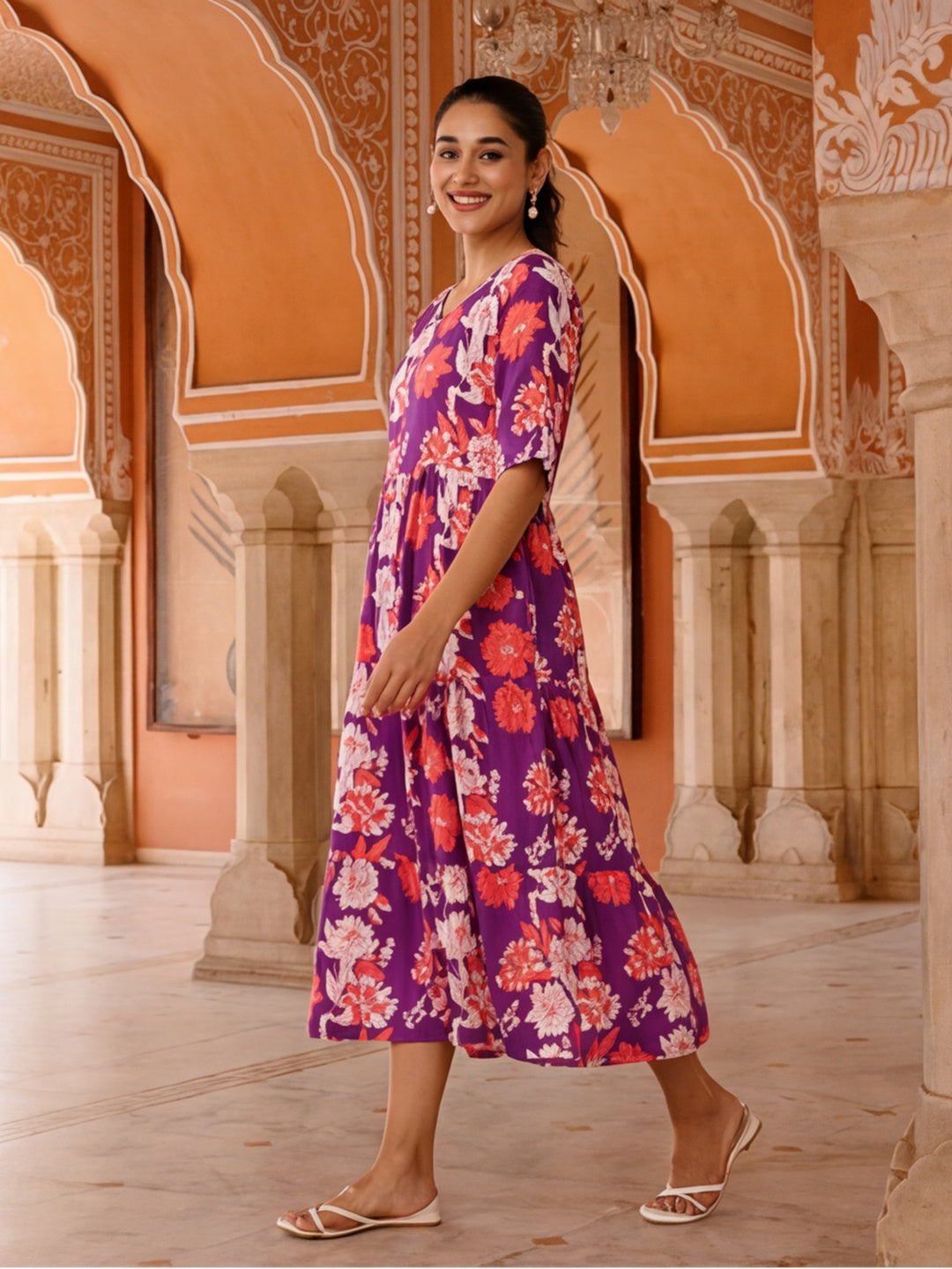 Floral Printed A-Line Tiered Ethnic Dress