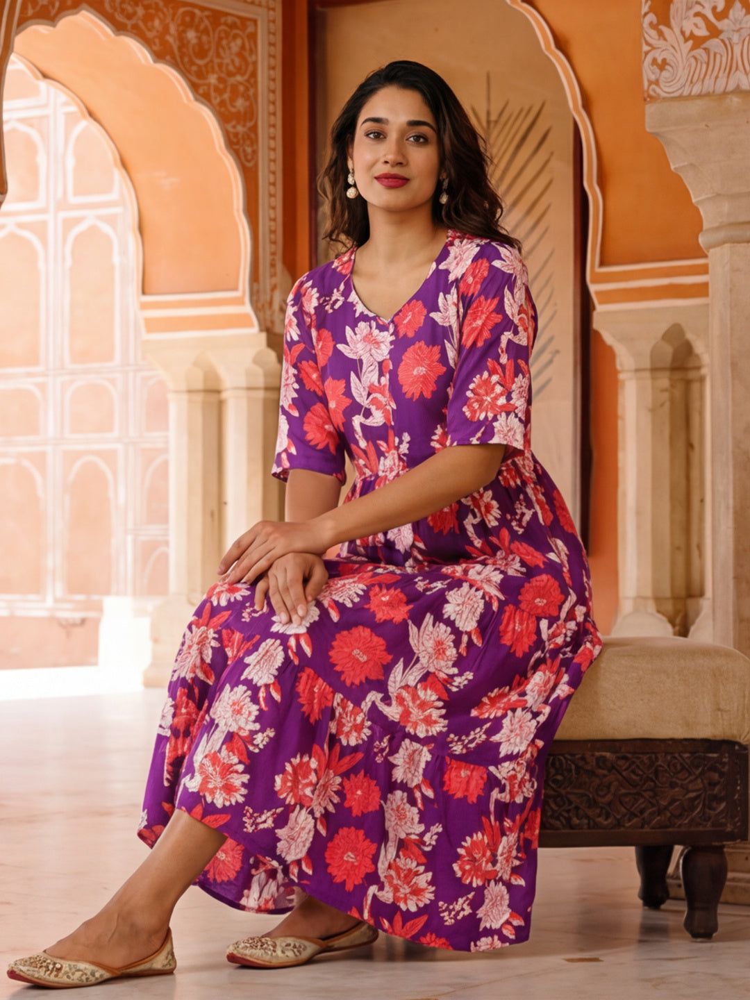 Floral Printed A-Line Tiered Ethnic Dress