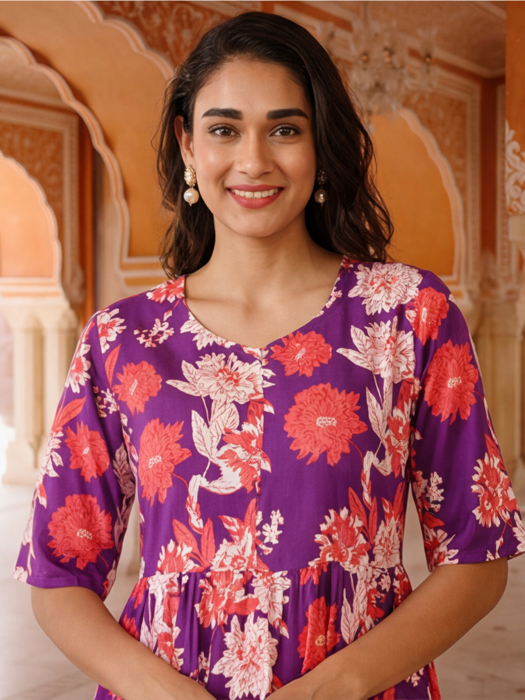 Floral Printed A-Line Tiered Ethnic Dress