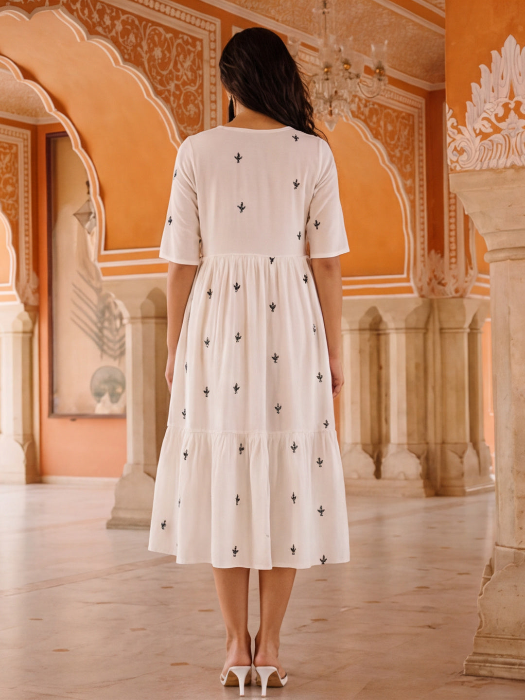 Floral Embroidered A-Line Tiered Ethnic Dress