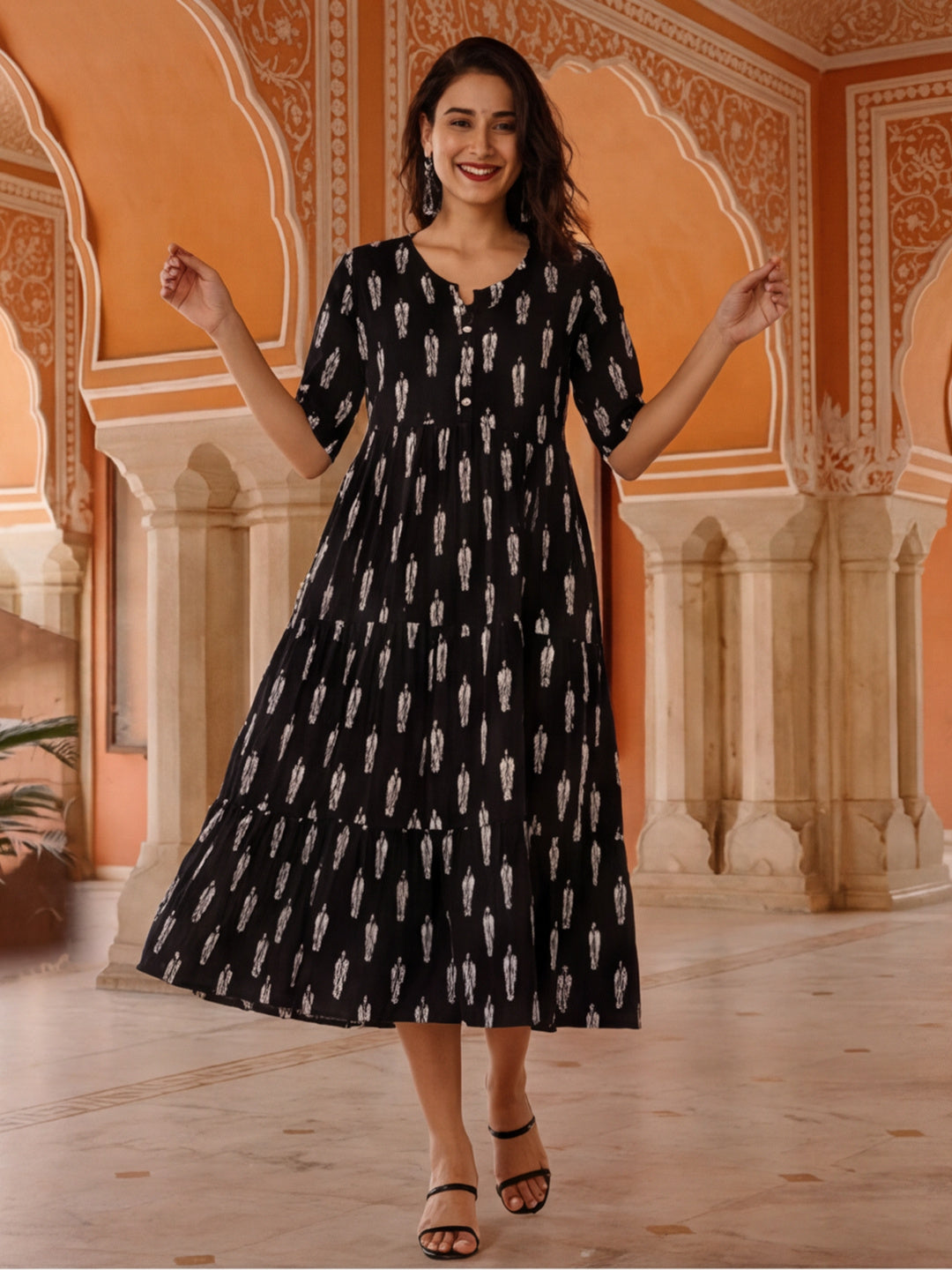 Floral Printed A-Line Tiered Ethnic Dress
