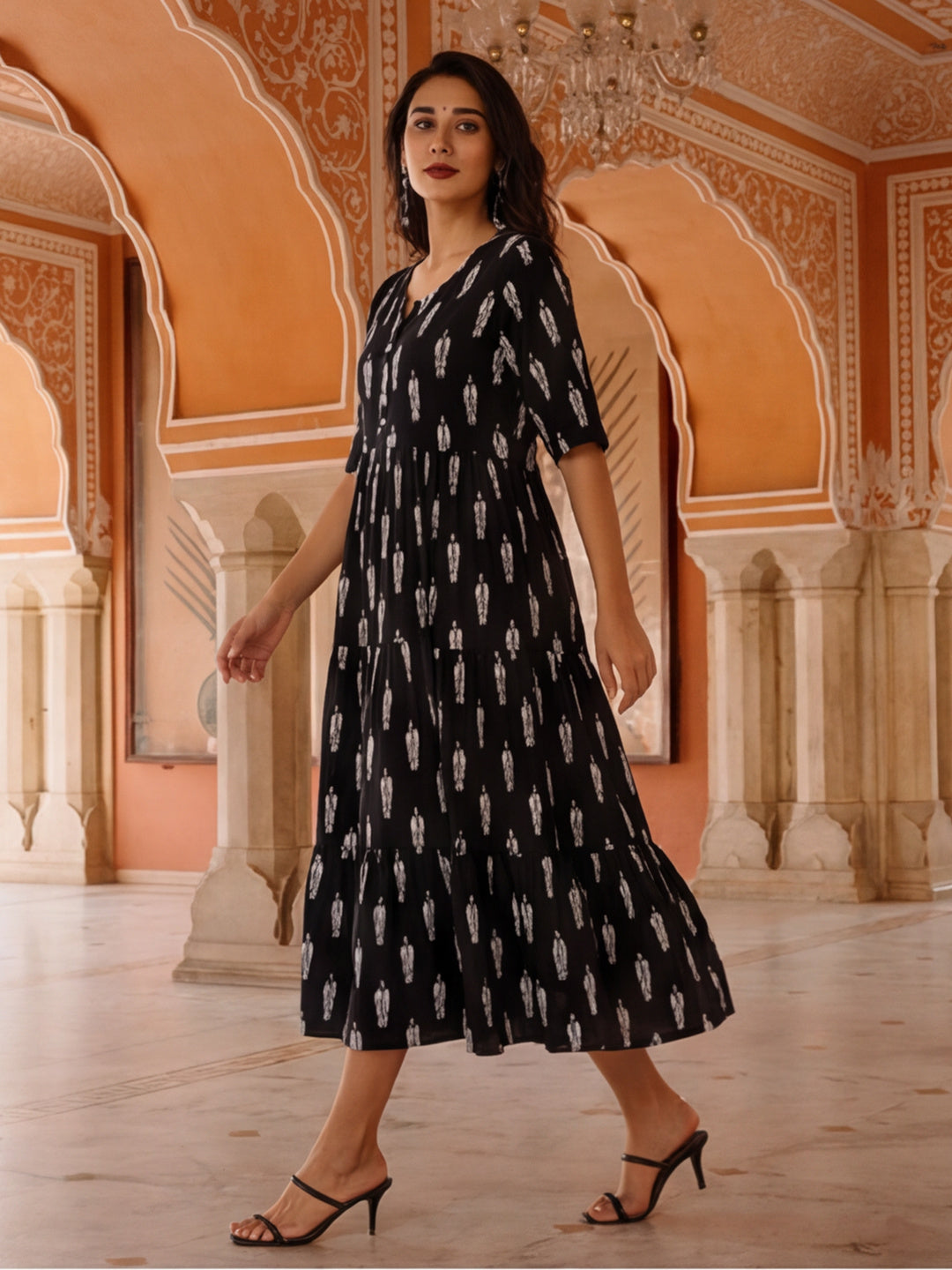 Floral Printed A-Line Tiered Ethnic Dress