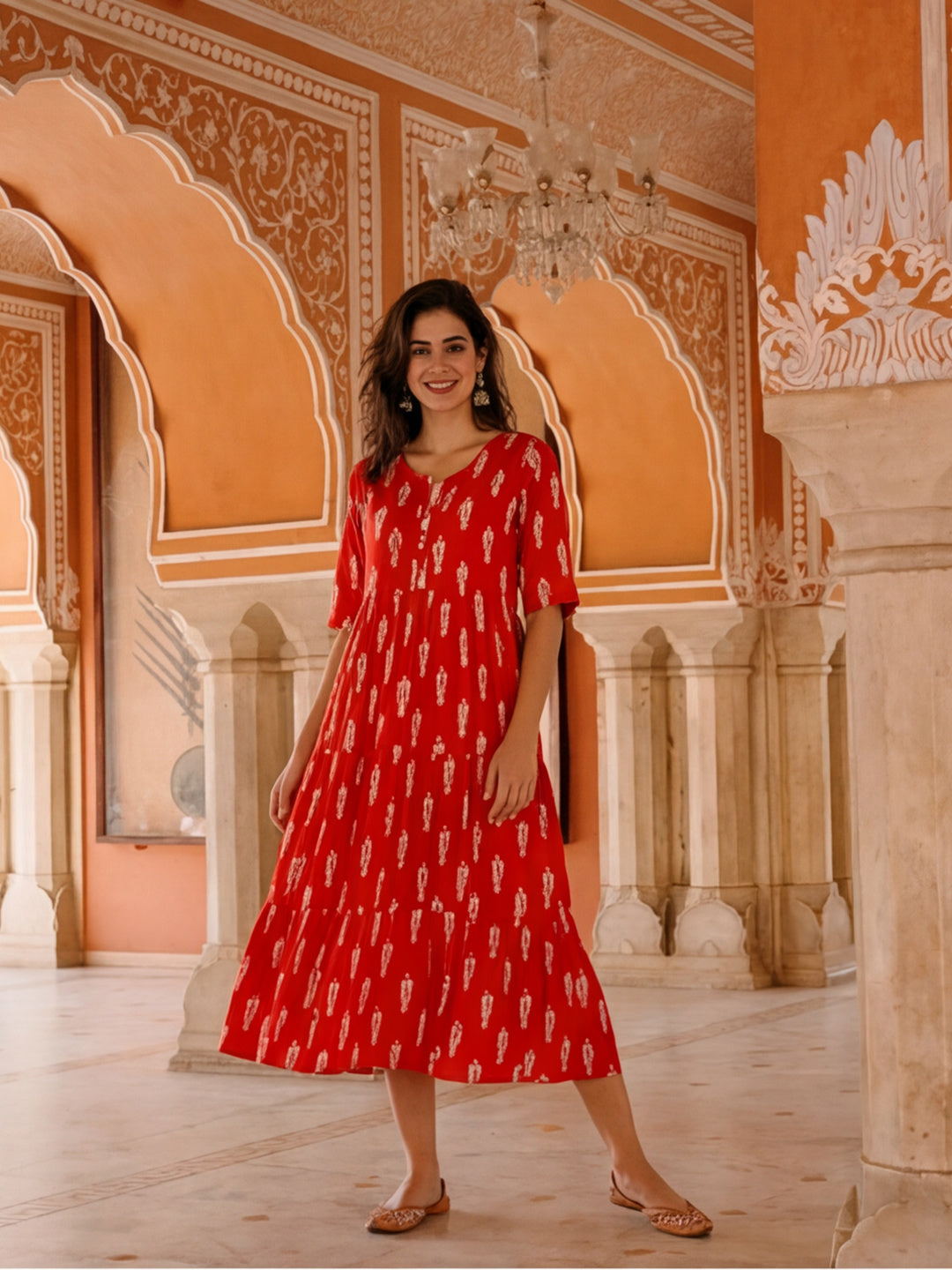 Floral Printed A-Line Tiered Ethnic Dress