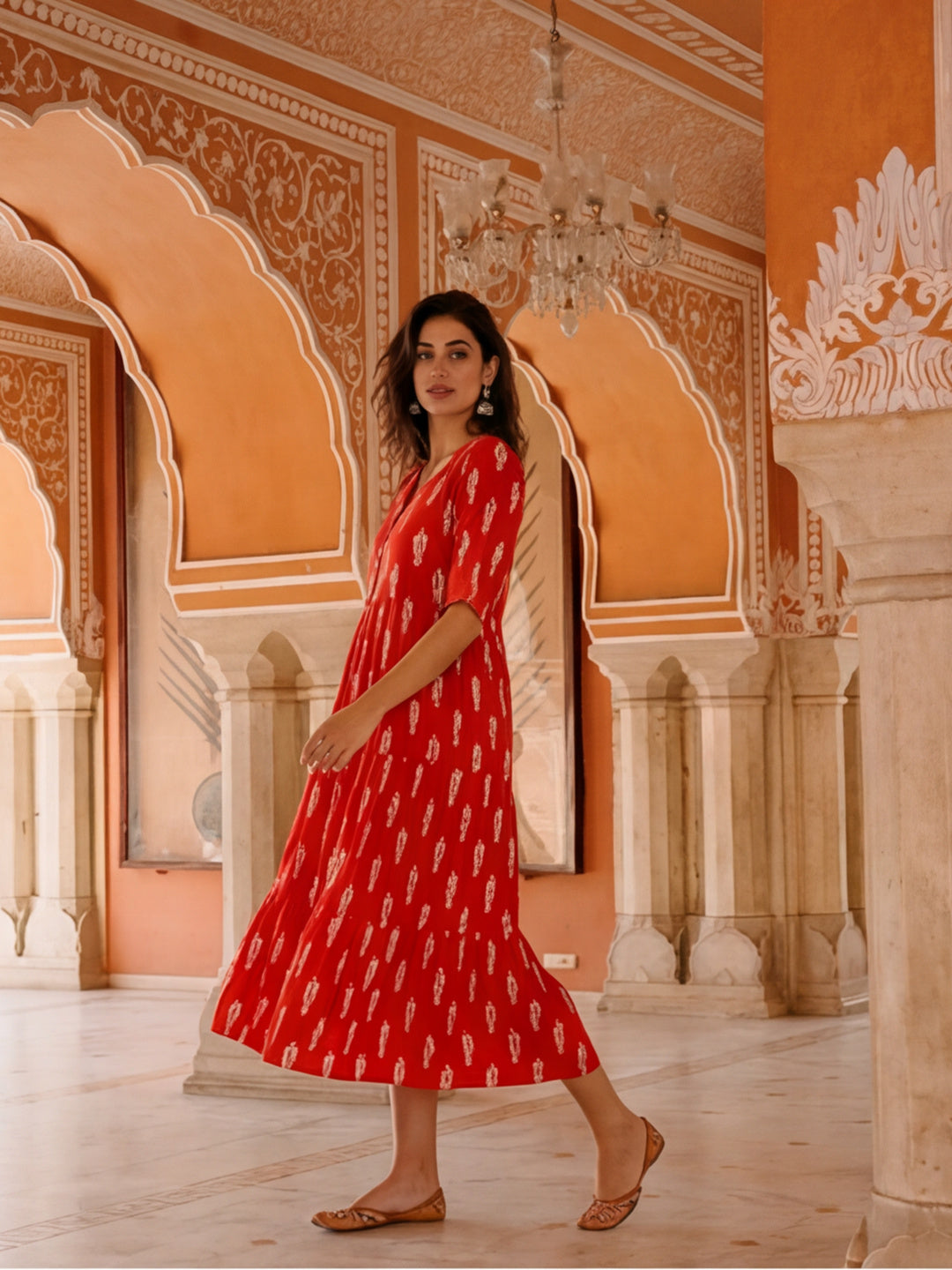 Floral Printed A-Line Tiered Ethnic Dress