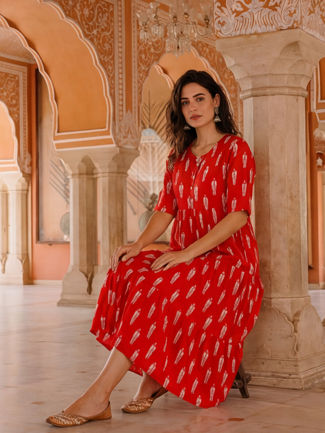 Floral Printed A-Line Tiered Ethnic Dress