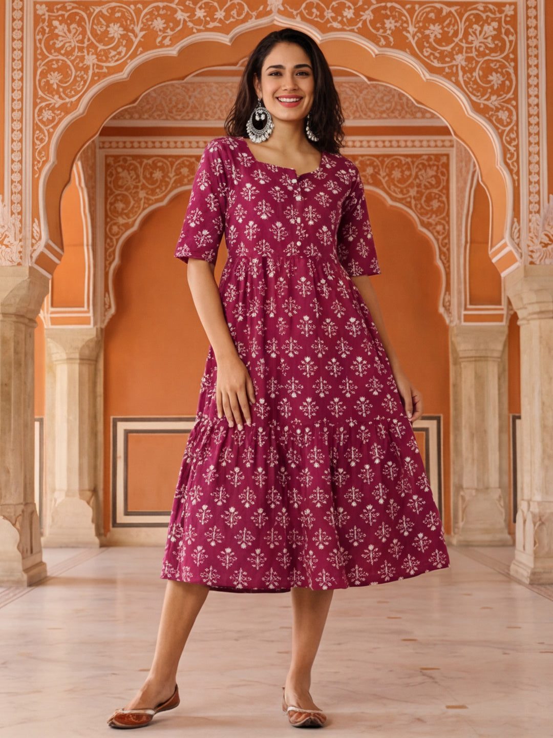 Floral Printed A-Line Tiered Ethnic Dress