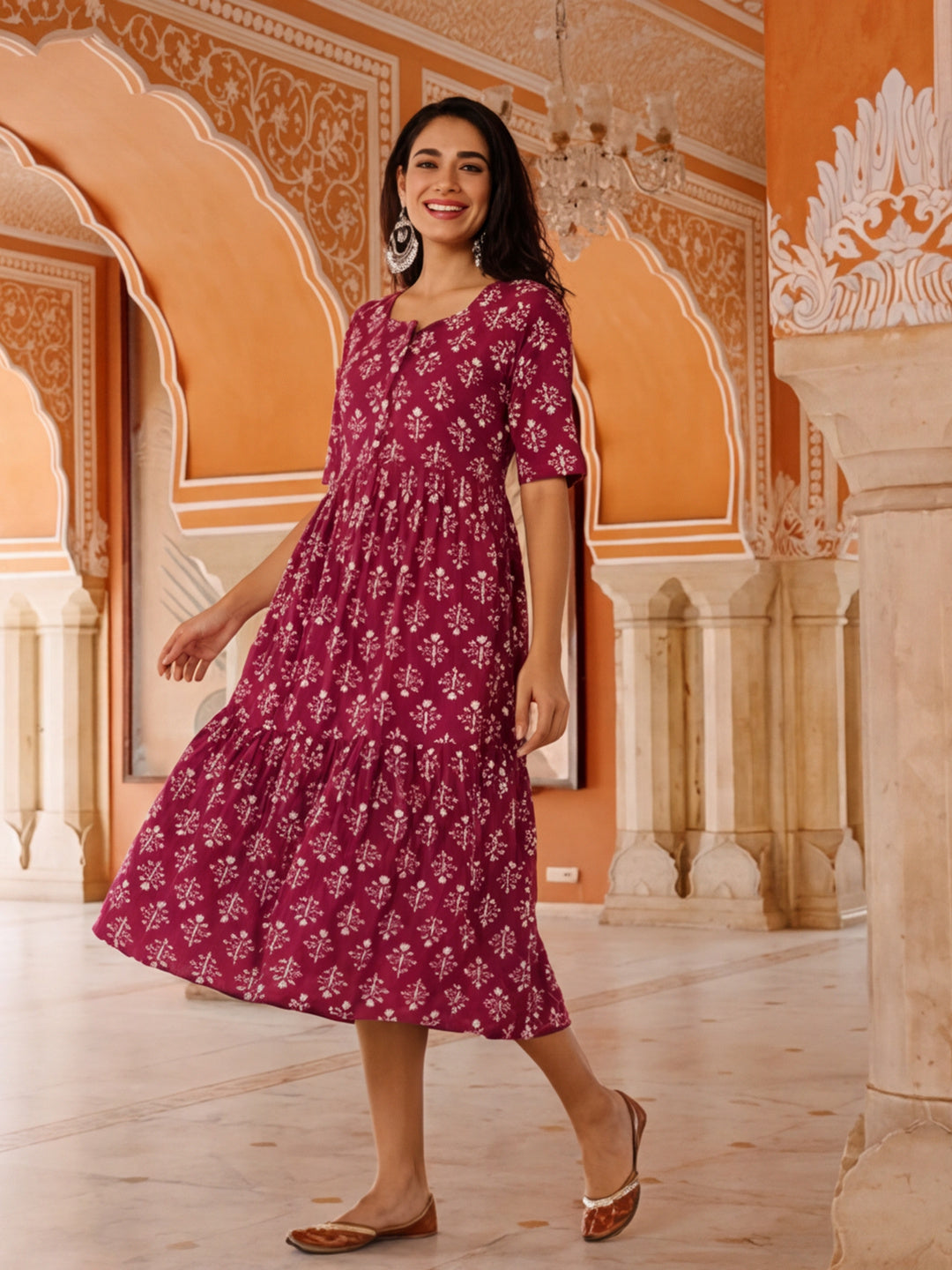 Floral Printed A-Line Tiered Ethnic Dress