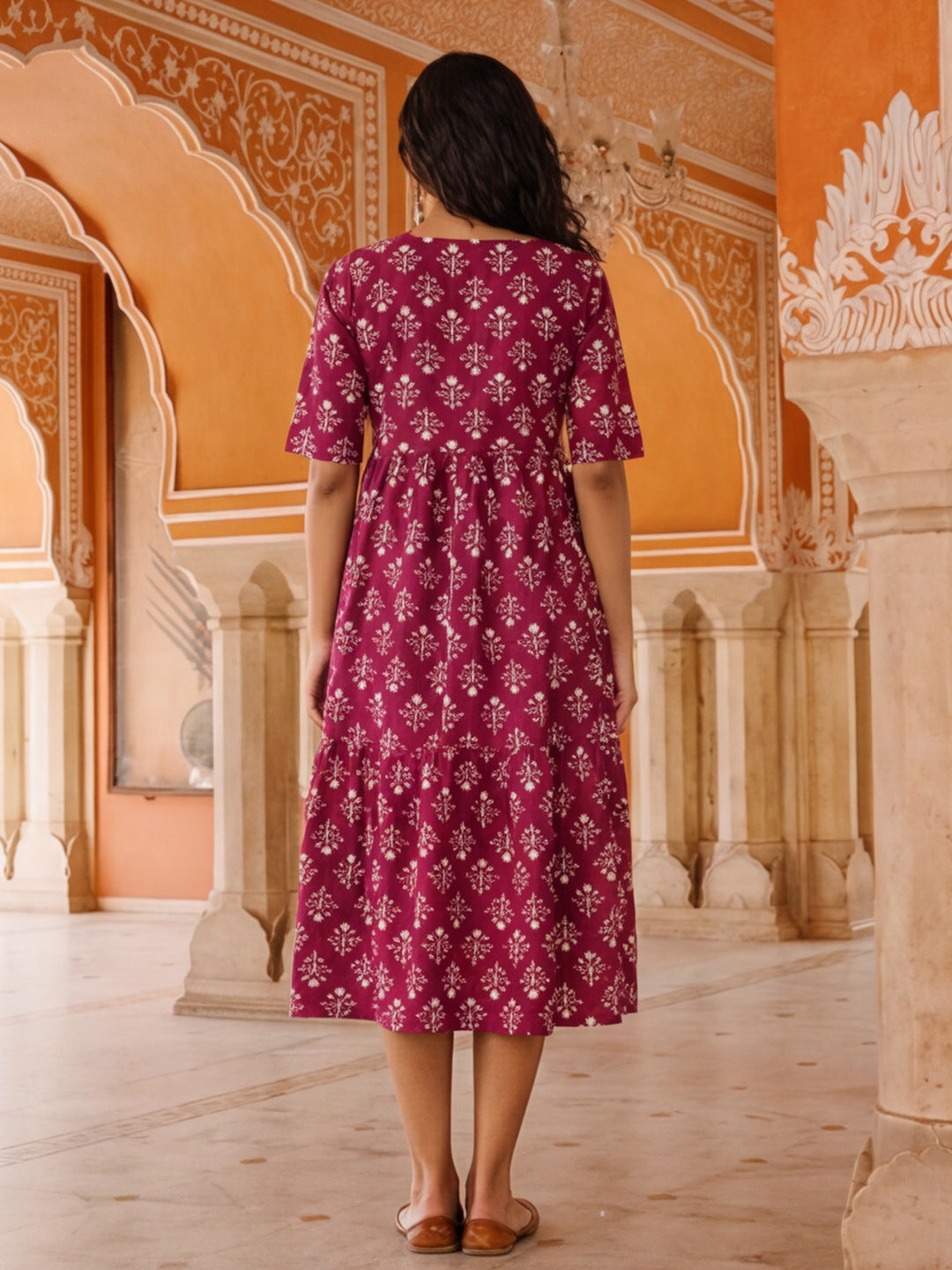 Floral Printed A-Line Tiered Ethnic Dress