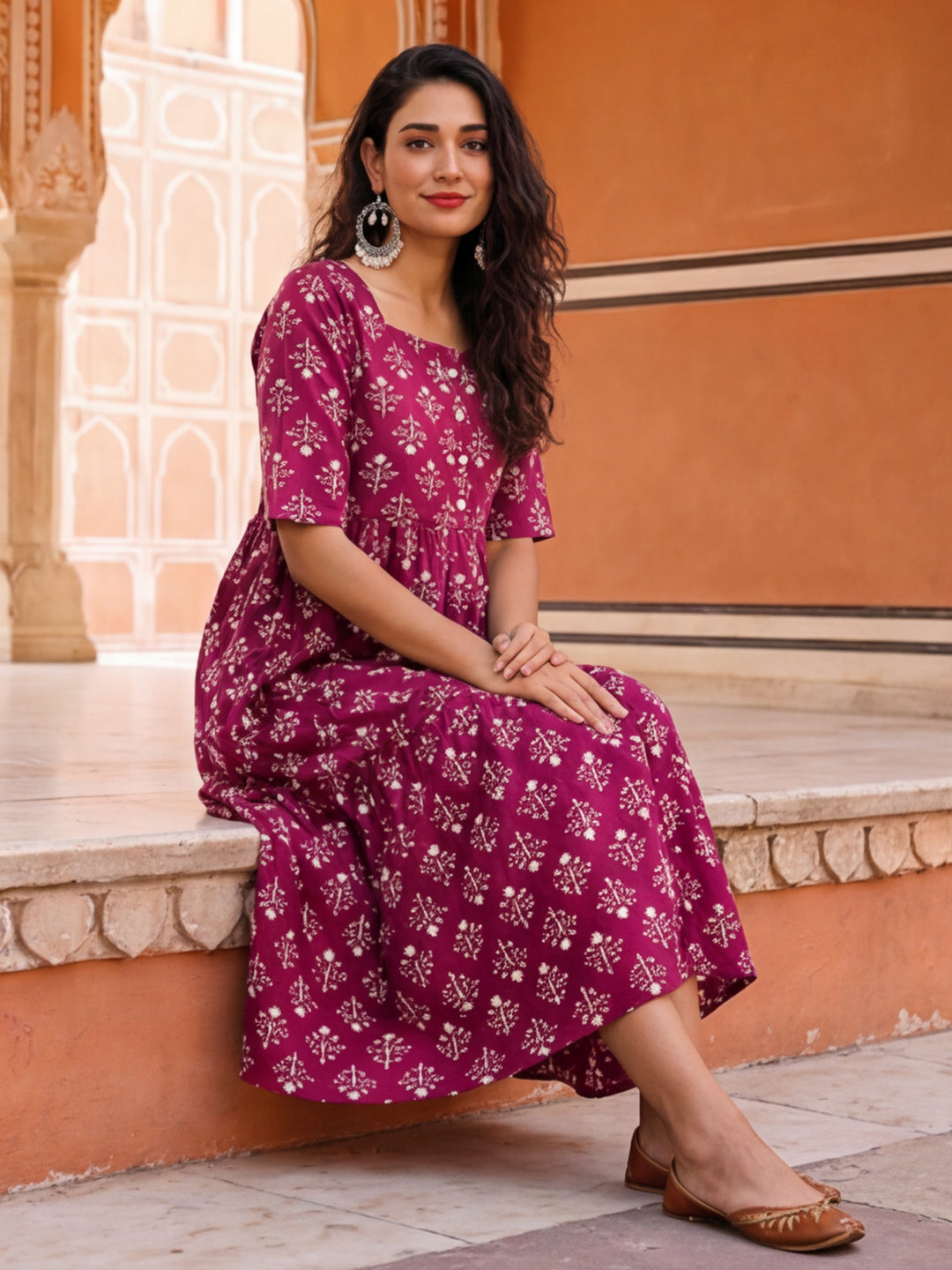 Floral Printed A-Line Tiered Ethnic Dress