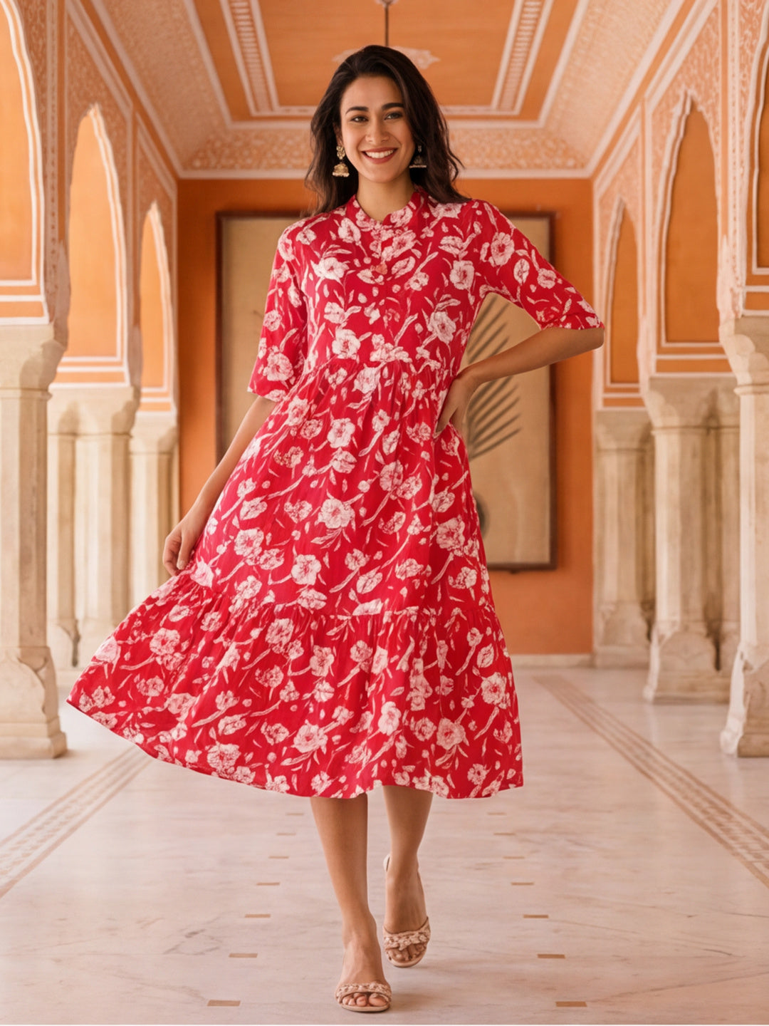 Floral Printed A-Line Tiered Ethnic Dress