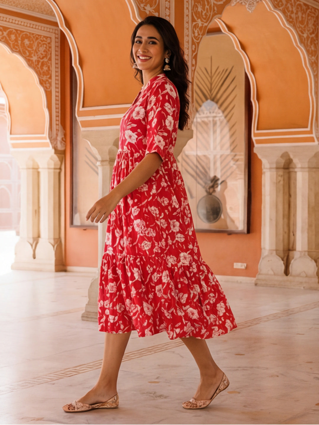 Floral Printed A-Line Tiered Ethnic Dress
