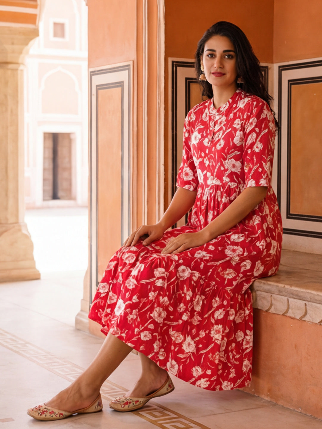 Floral Printed A-Line Tiered Ethnic Dress