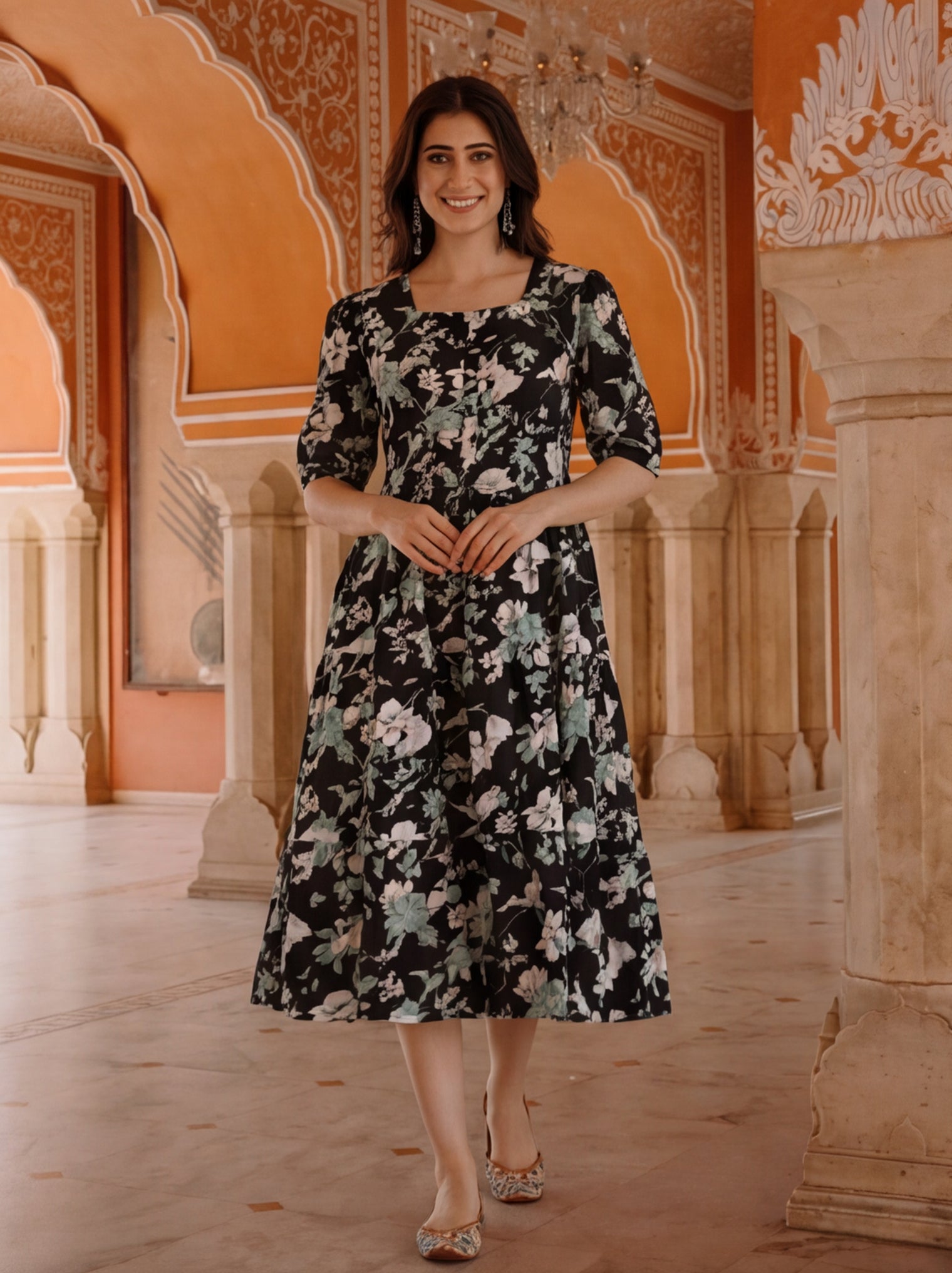 Floral Printed Tiered Ethnic Dress