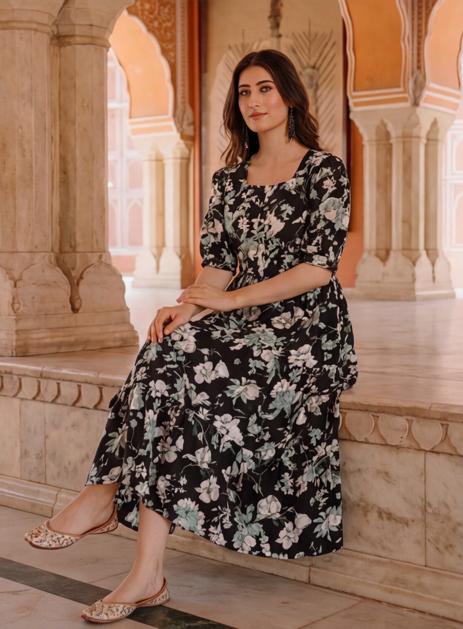Floral Printed Tiered Ethnic Dress
