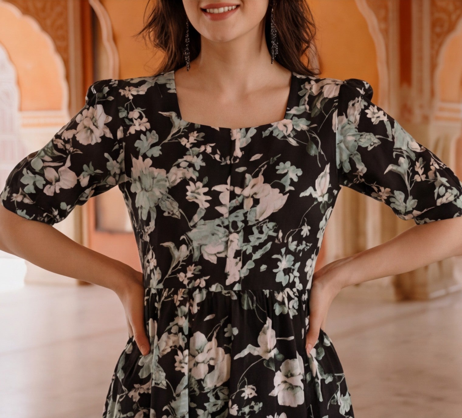Floral Printed Tiered Ethnic Dress