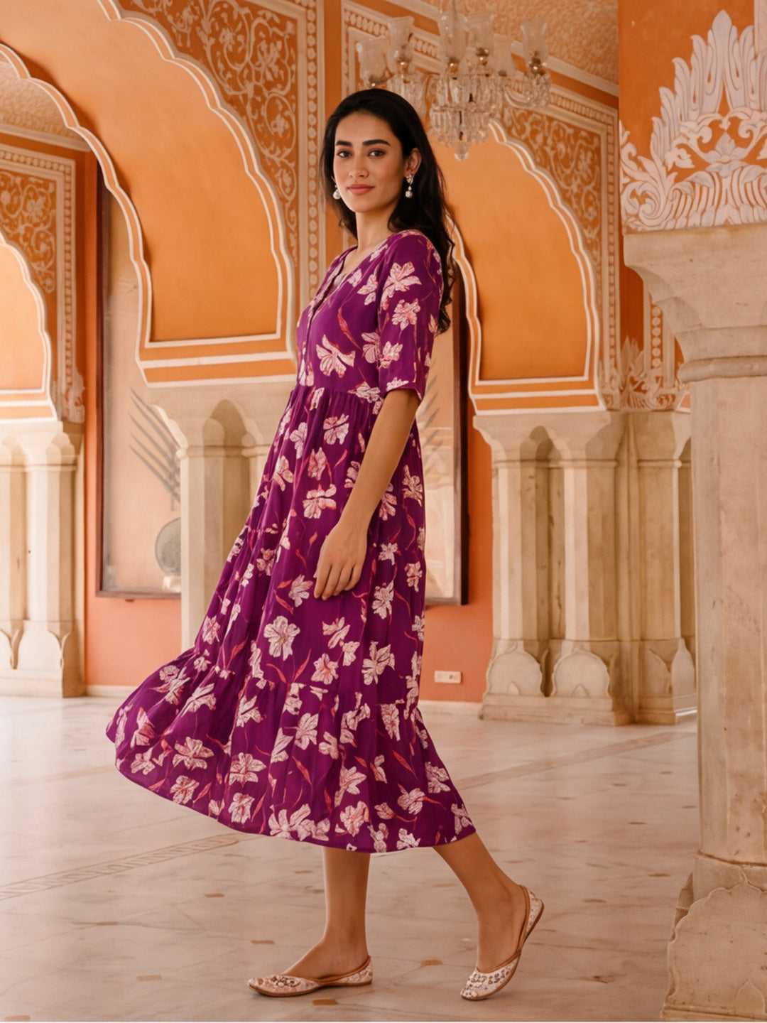 Floral Printed A-Line Tiered Ethnic Dress