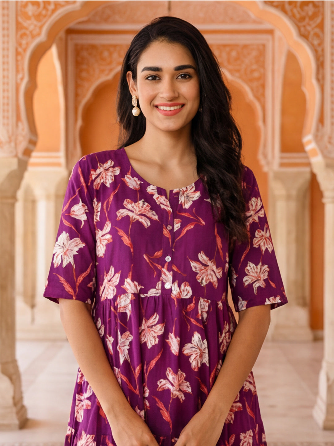 Floral Printed A-Line Tiered Ethnic Dress