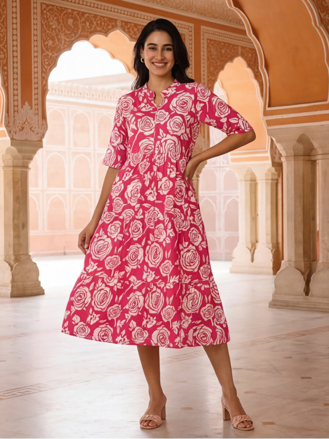 Floral Printed A-Line Tiered Ethnic Dress