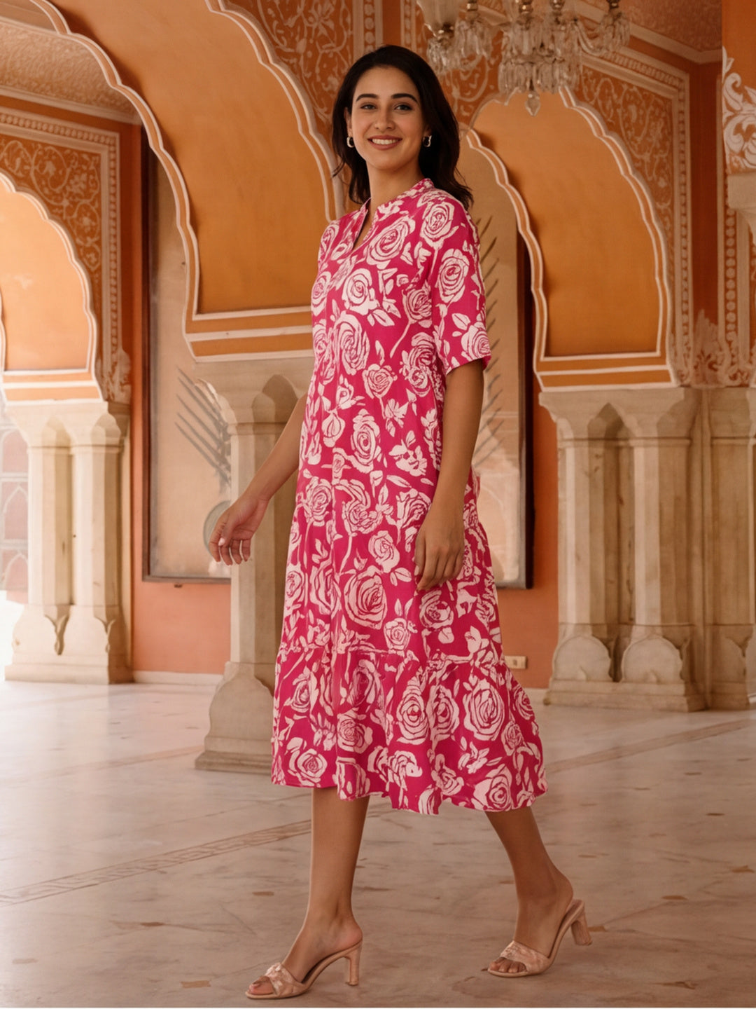 Floral Printed A-Line Tiered Ethnic Dress