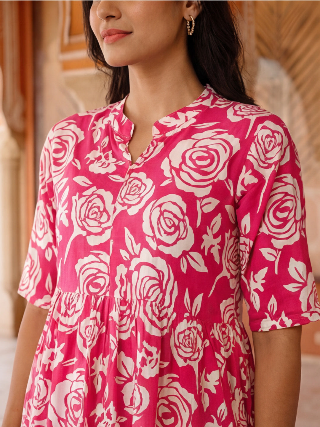 Floral Printed A-Line Tiered Ethnic Dress