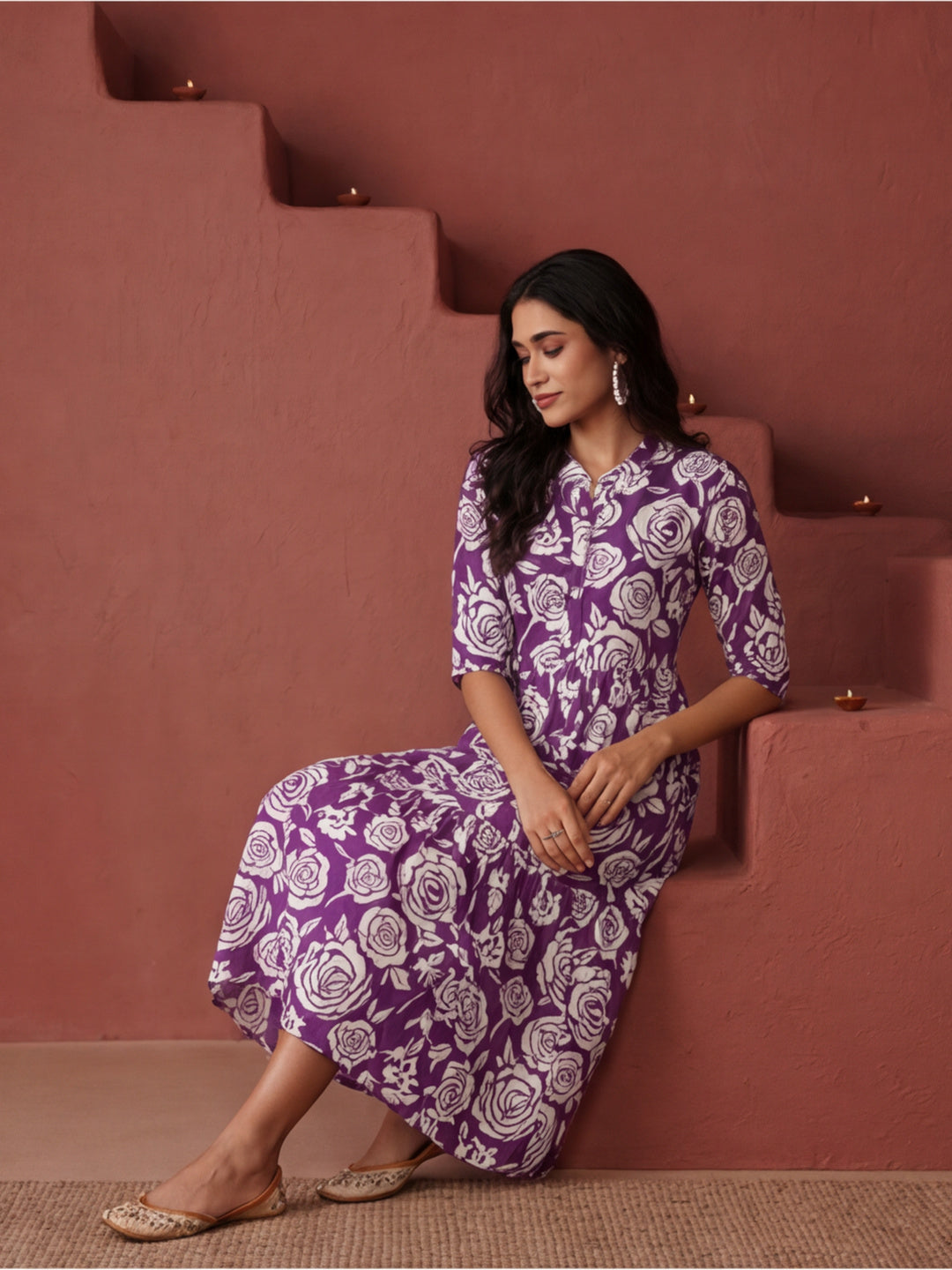 Floral Printed A-Line Tiered Ethnic Dress