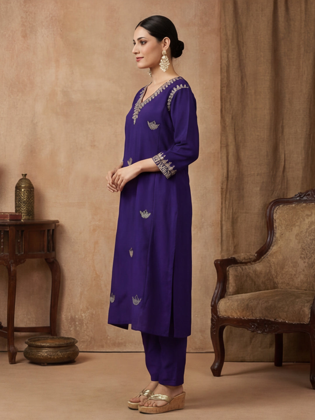 Floral Embroidered Straight Kurta & Trousers Sets