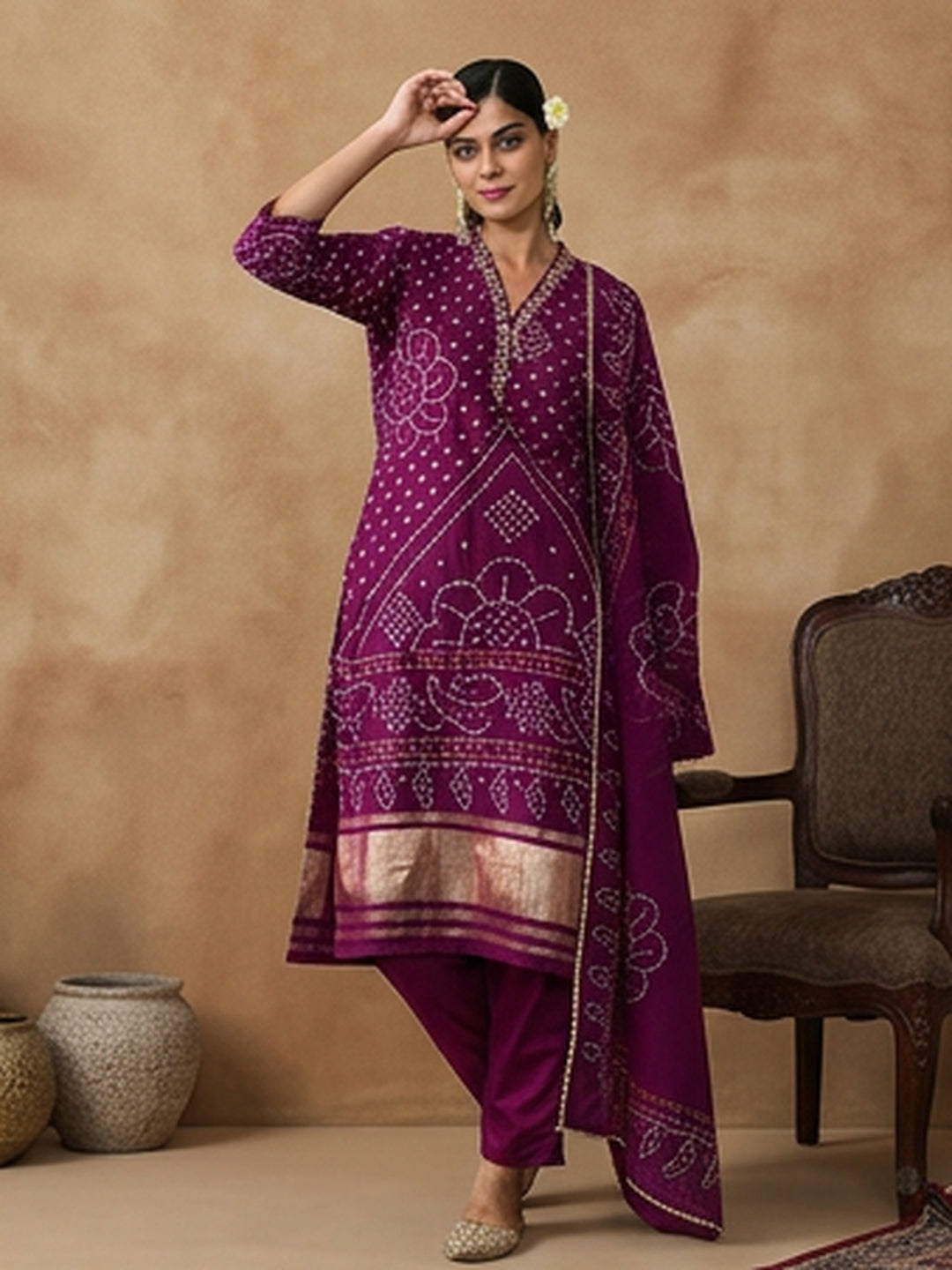Bandhani Embroidered Straight Kurta & Trousers Sets