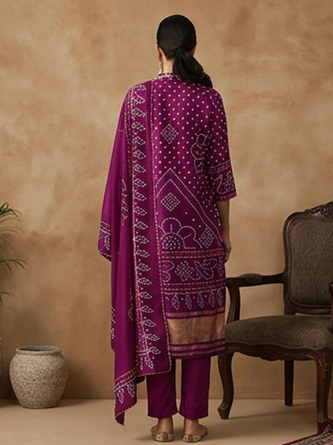 Bandhani Embroidered Straight Kurta & Trousers Sets