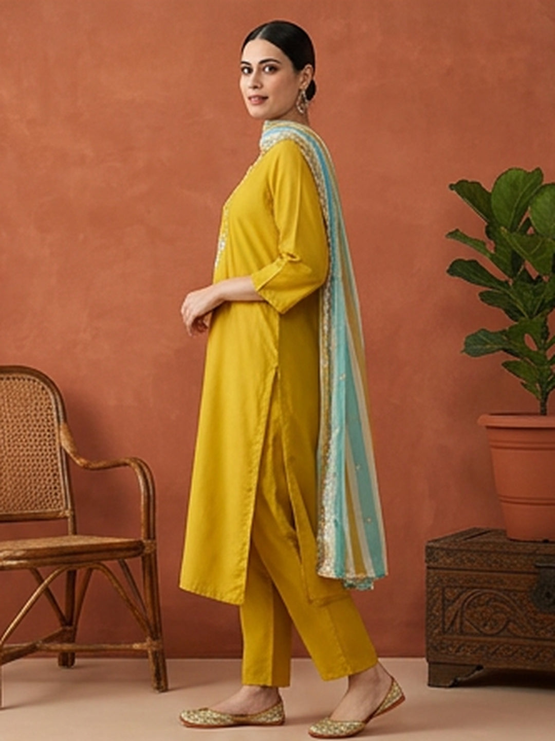 Floral Embroidered Straight Kurta & Trousers Sets