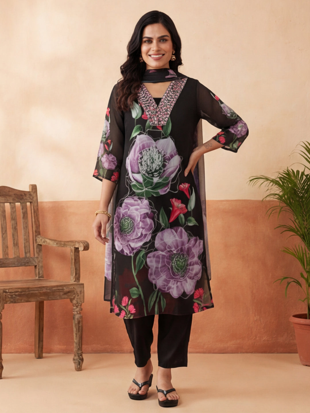 Floral Embroidered Straight Kurta & Trousers Sets