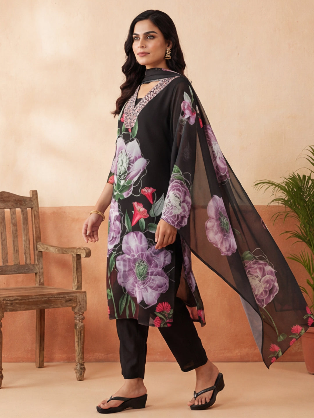 Floral Embroidered Straight Kurta & Trousers Sets