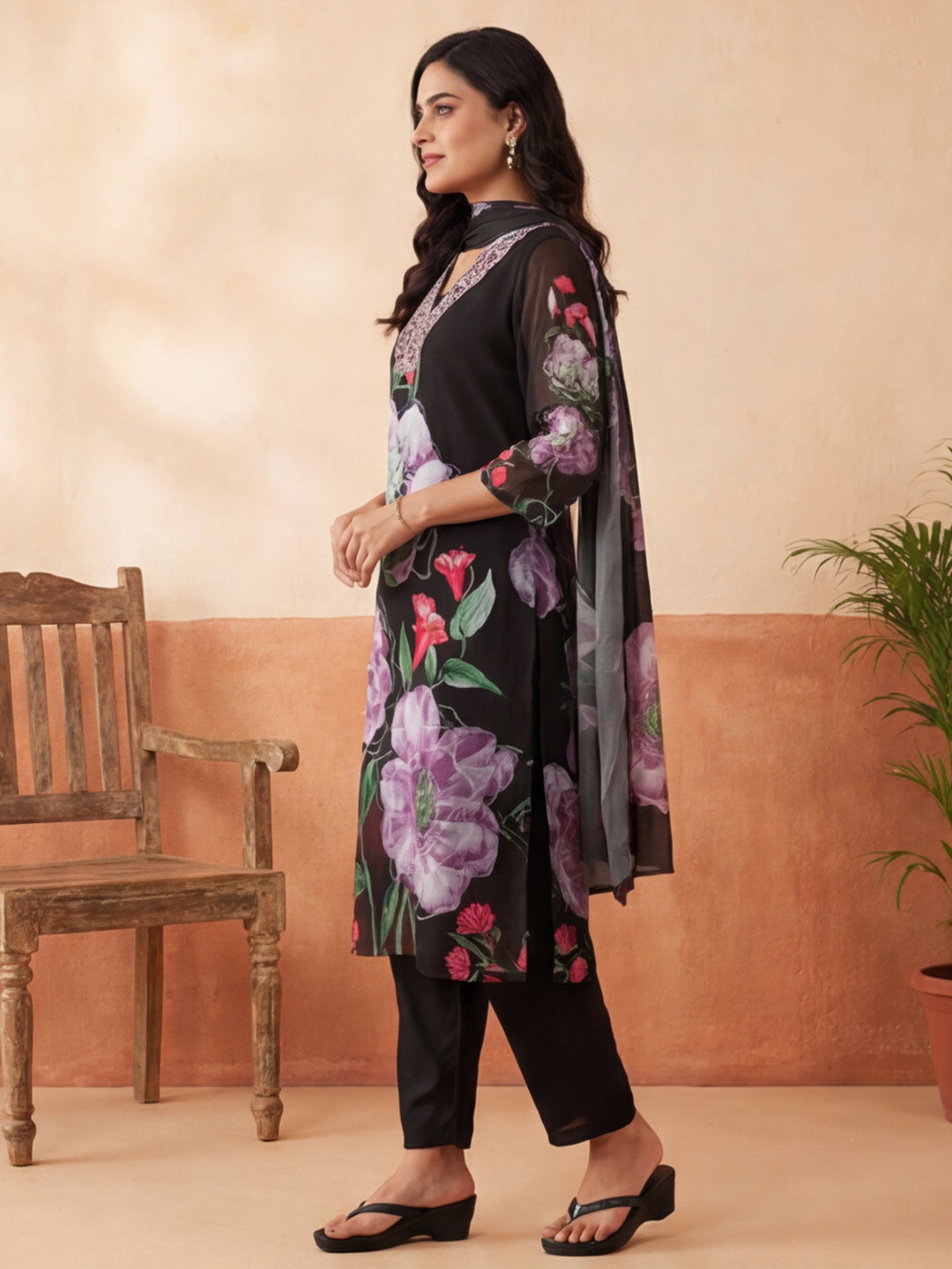Floral Embroidered Straight Kurta & Trousers Sets