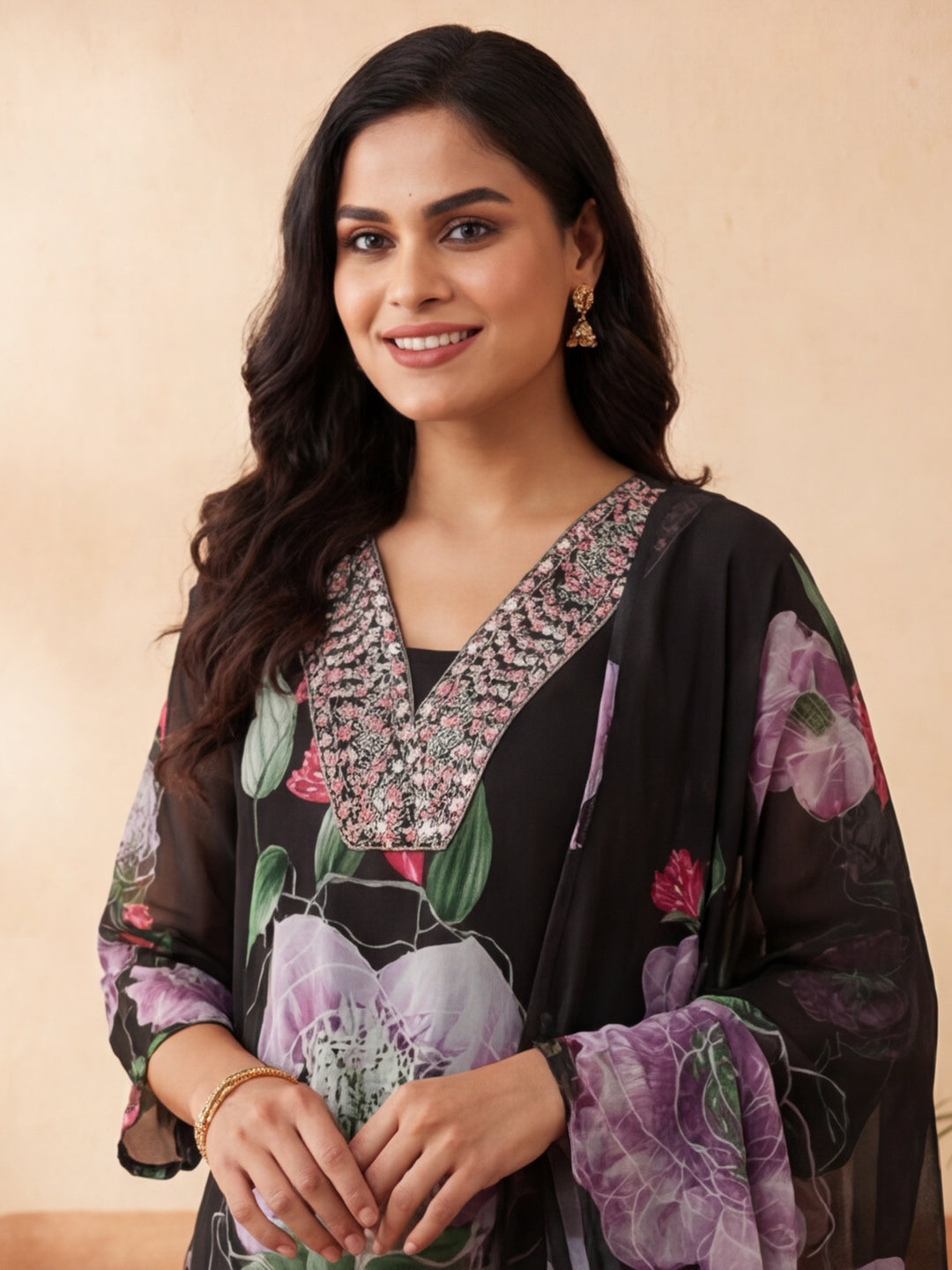 Floral Embroidered Straight Kurta & Trousers Sets