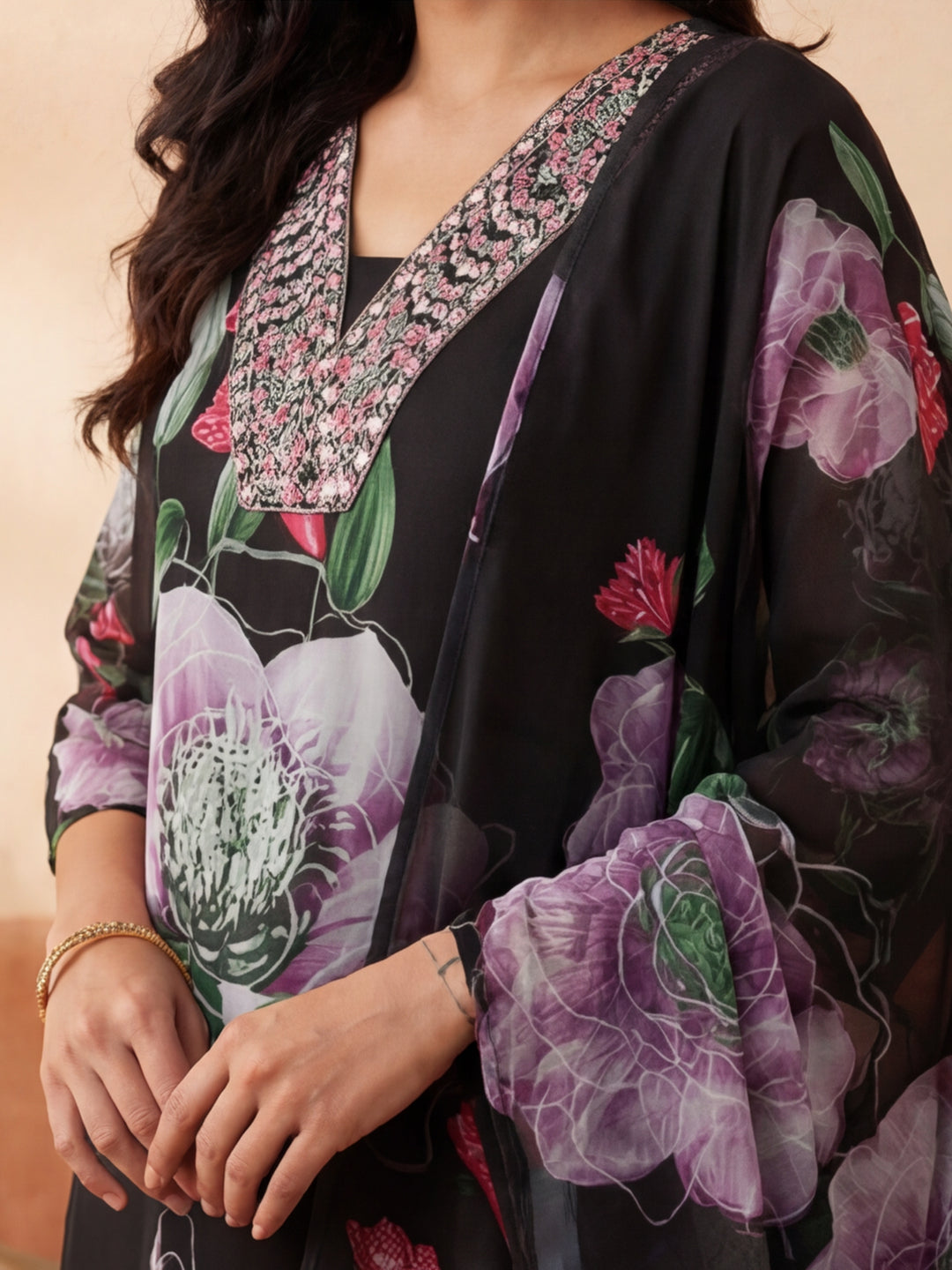 Floral Embroidered Straight Kurta & Trousers Sets