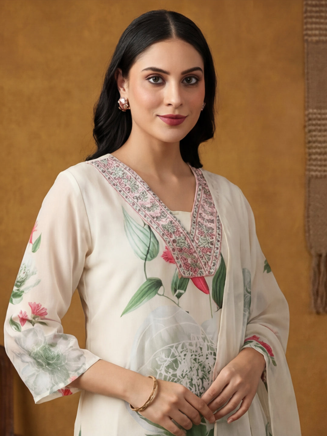 Floral Embroidered Straight Kurta & Trousers Sets