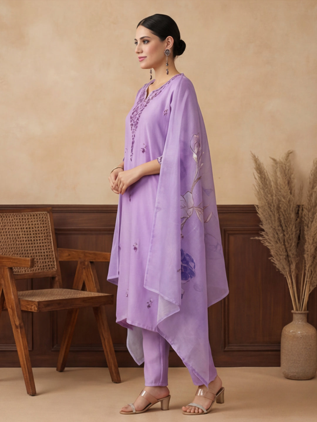 Floral Embroidered Straight Kurta & Trousers Sets