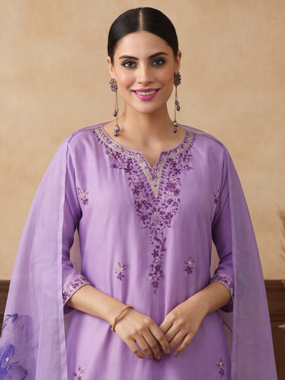 Floral Embroidered Straight Kurta & Trousers Sets
