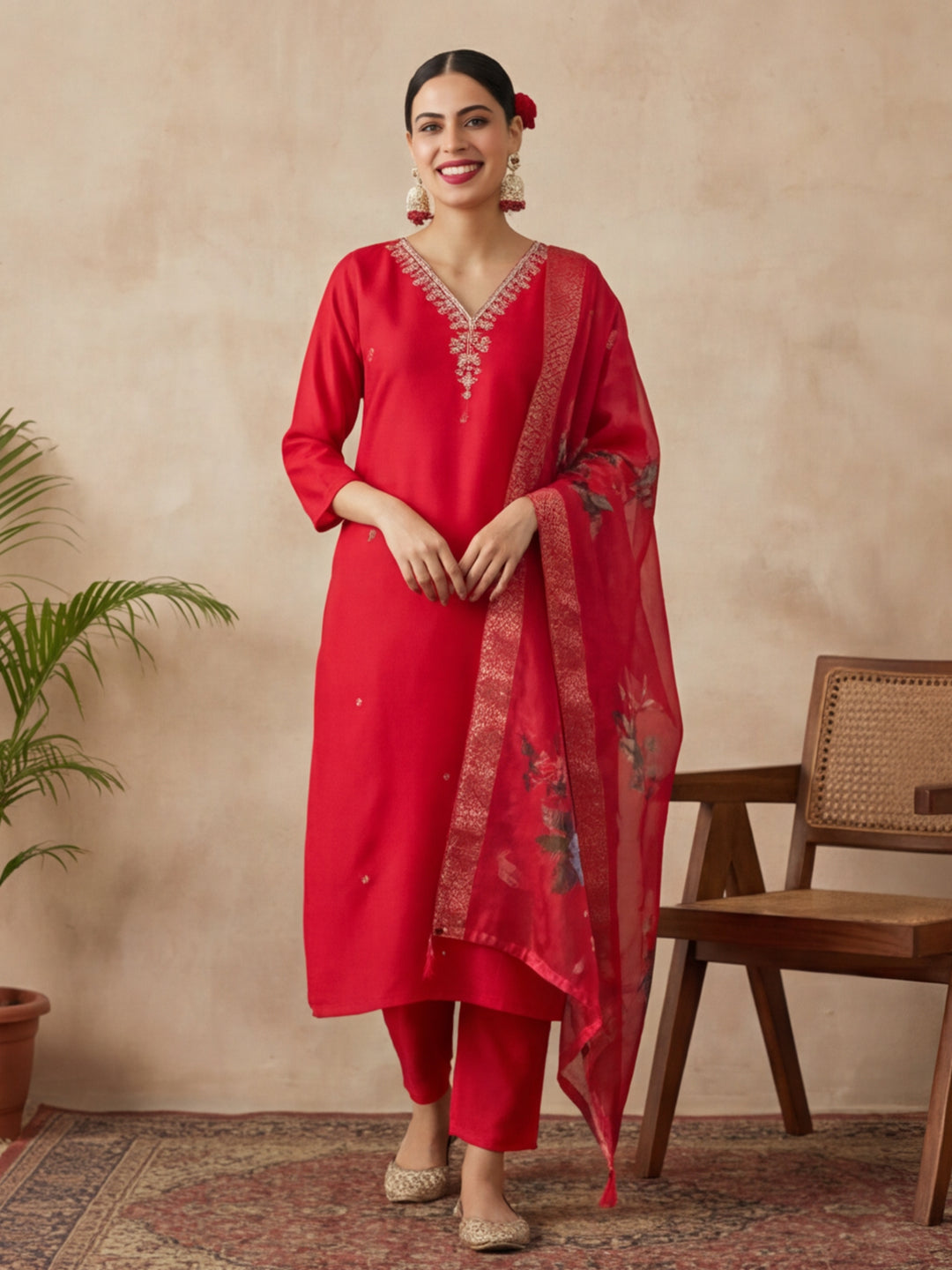 Floral Embroidered Straight Kurta & Trousers Sets