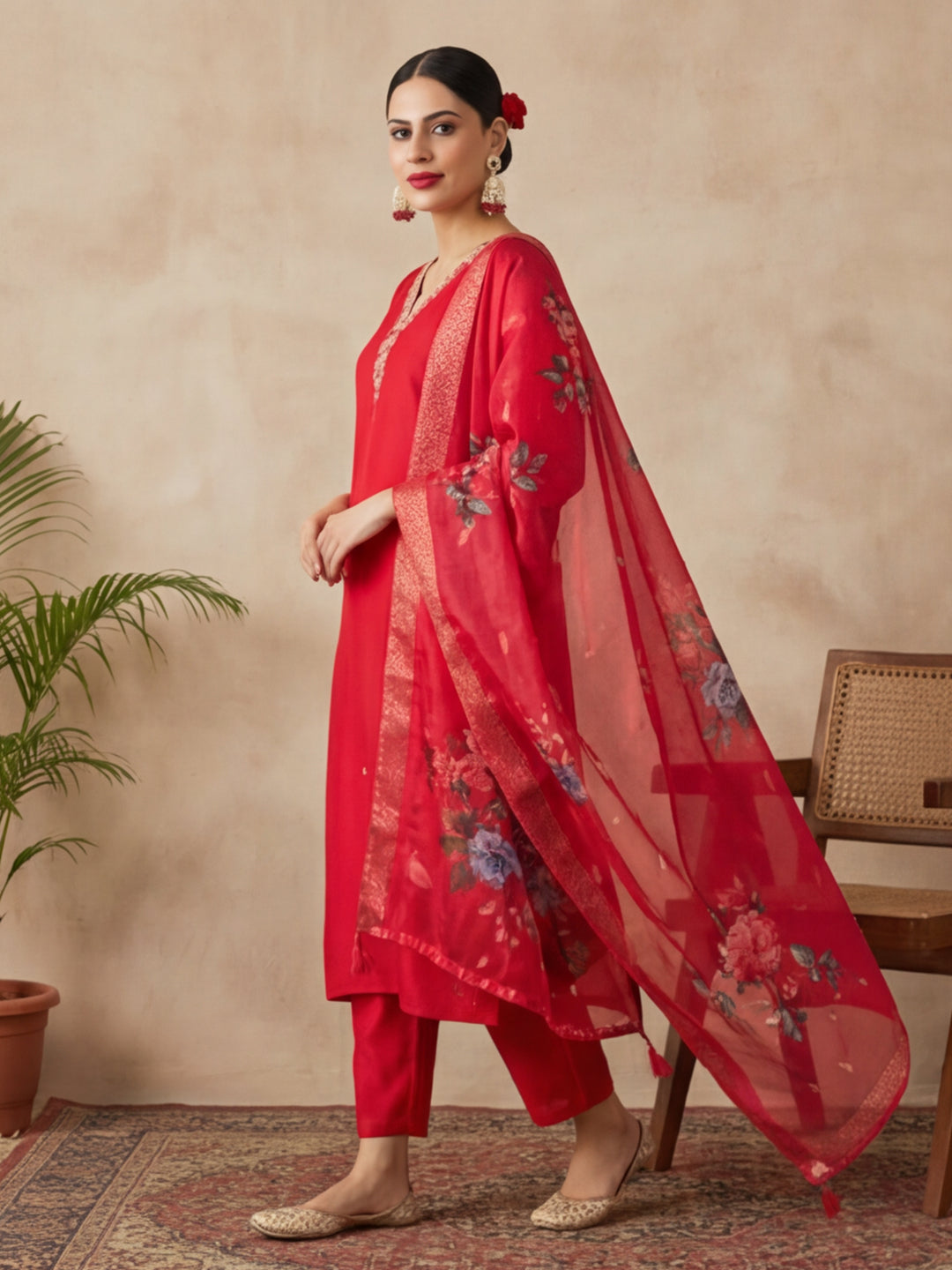 Floral Embroidered Straight Kurta & Trousers Sets