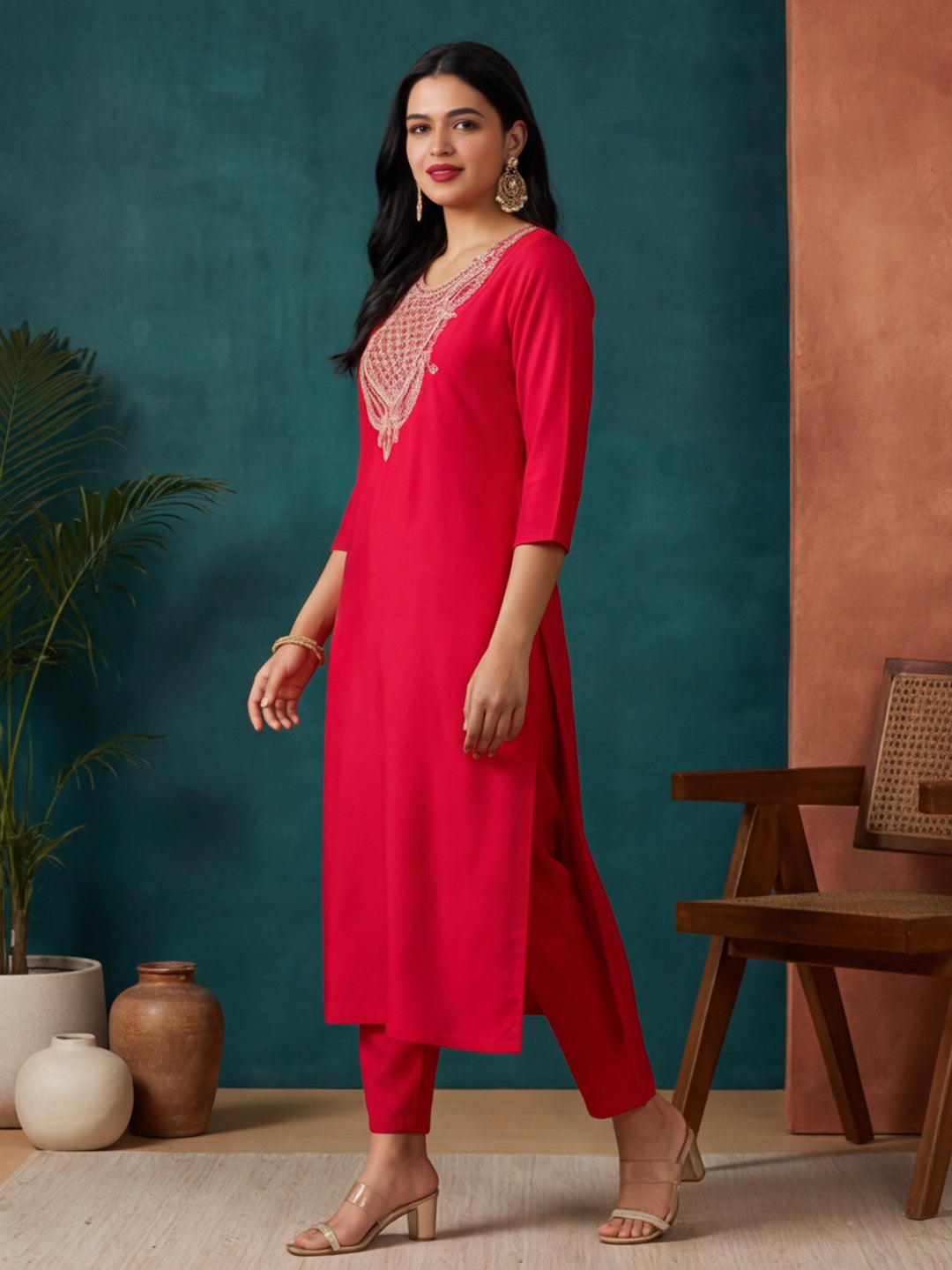 Solid Embroidered Straight Kurta & Trousers Sets