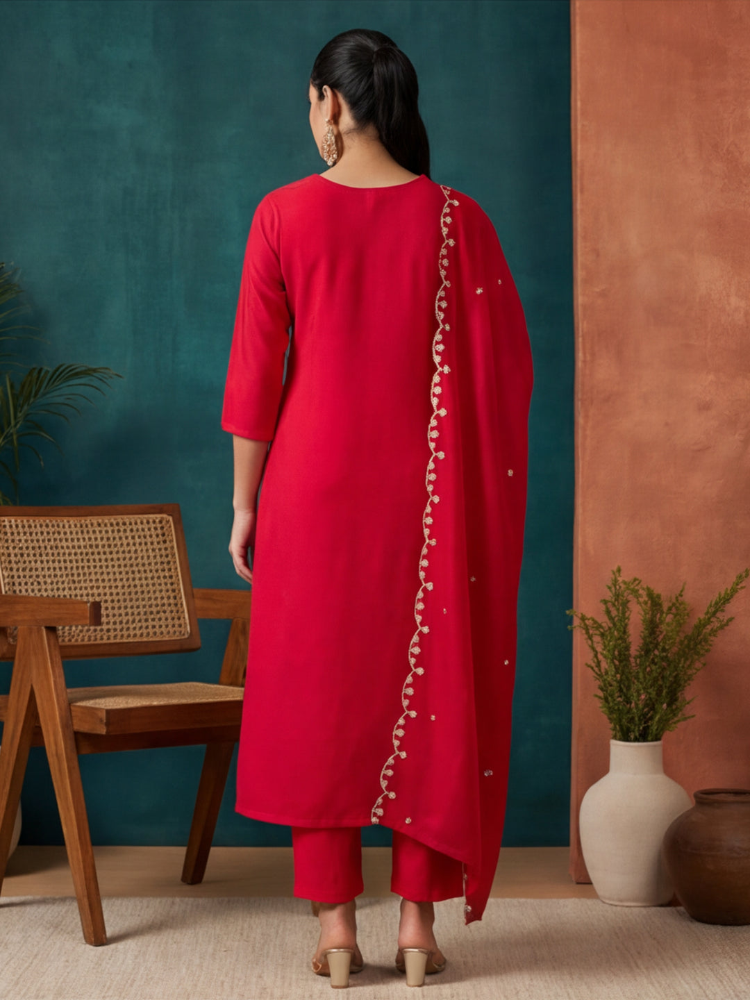Solid Embroidered Straight Kurta & Trousers Sets