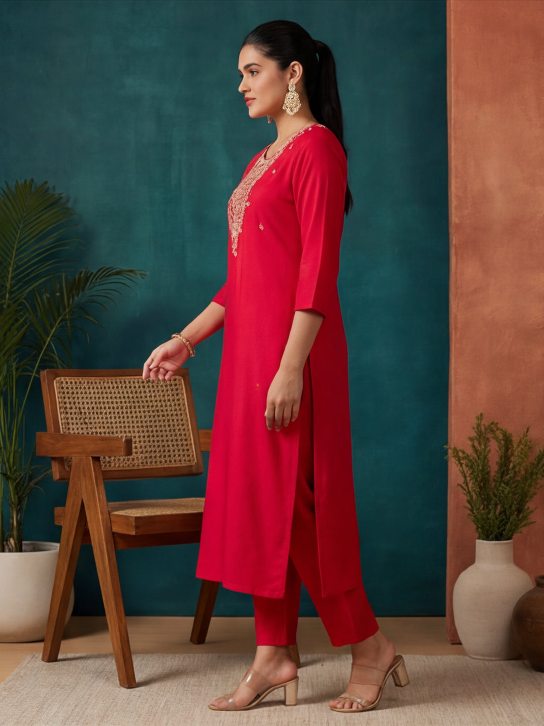 Solid Embroidered Straight Kurta & Trousers Sets