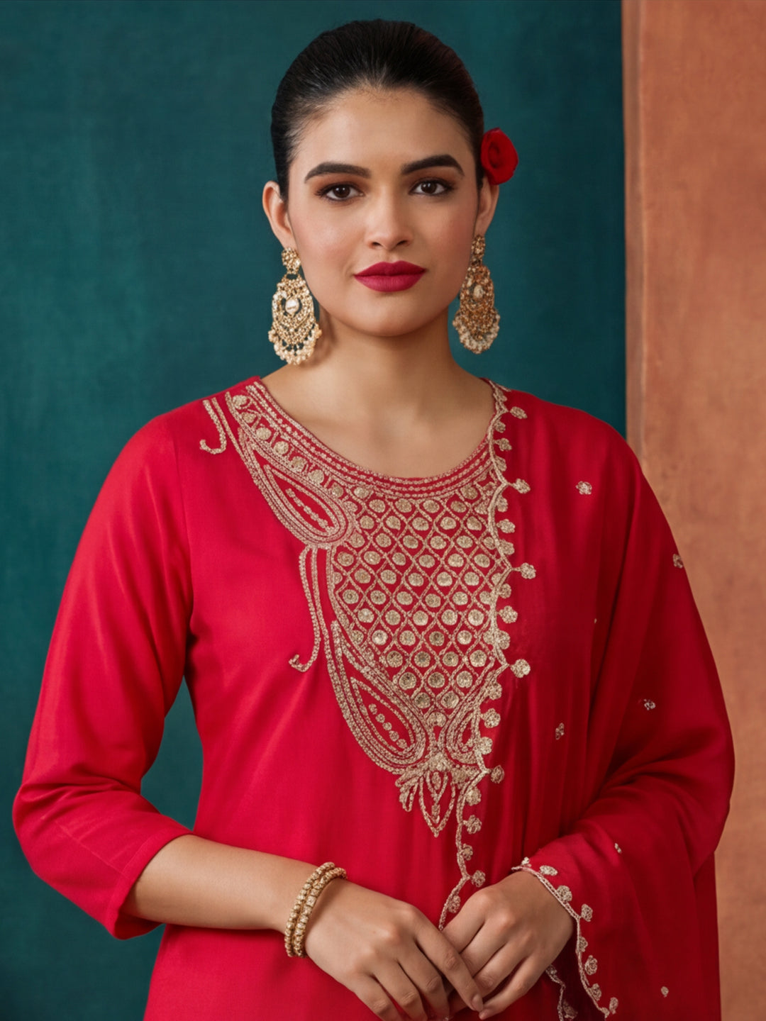 Solid Embroidered Straight Kurta & Trousers Sets