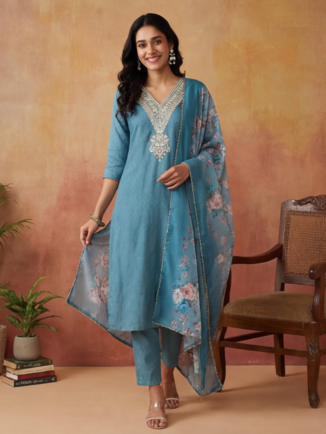 Solid Embroidered Straight Kurta & Trousers Sets