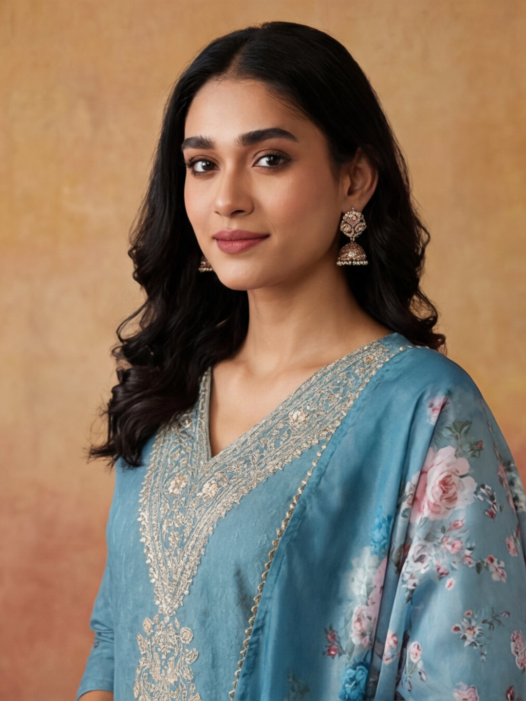 Solid Embroidered Straight Kurta & Trousers Sets